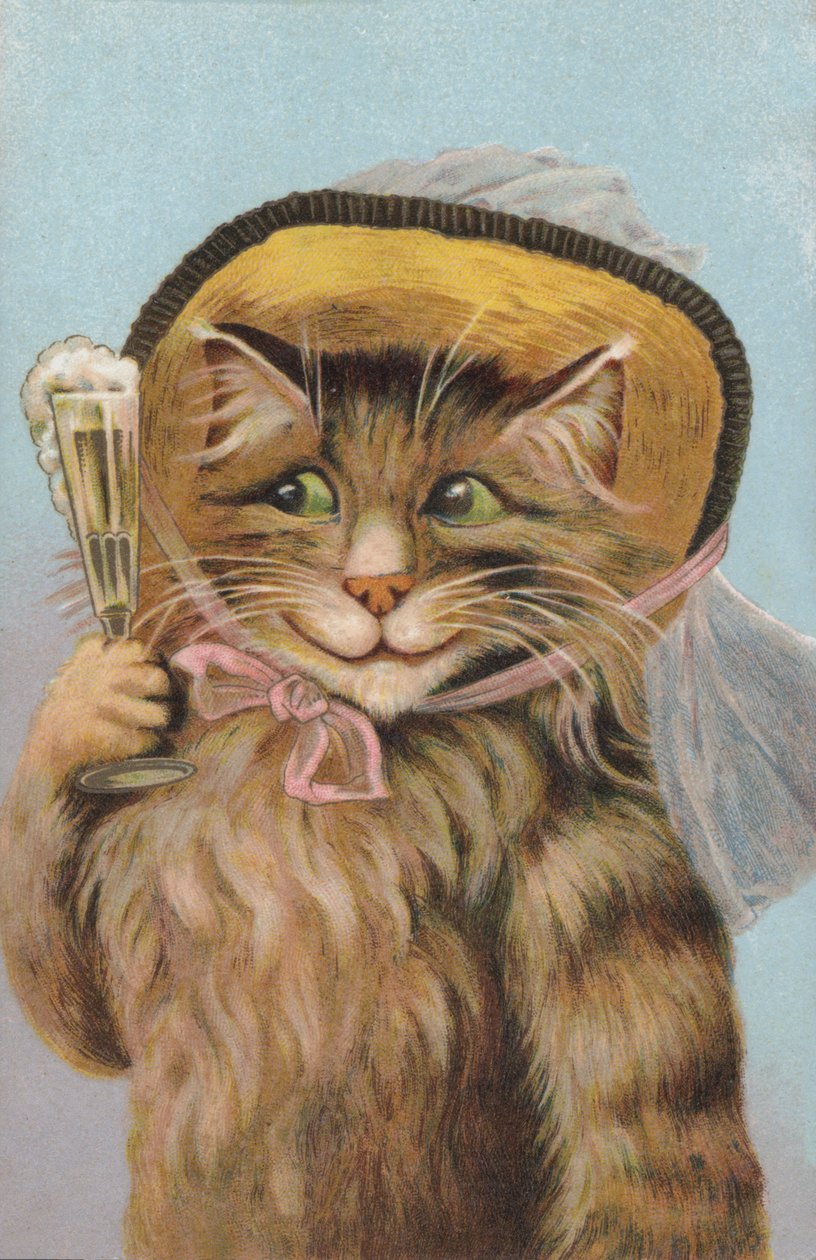 Chat portant un chapeau et tenant une coupe de champagne (chromolitho) - European School