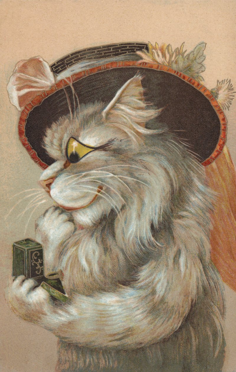 Chat portant un chapeau et regardant une bague (chromolitho) - European School