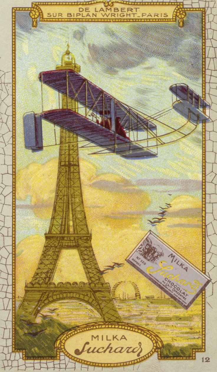 Charles de Lambert dans un biplan Wright, Paris (chromolitho) - European School