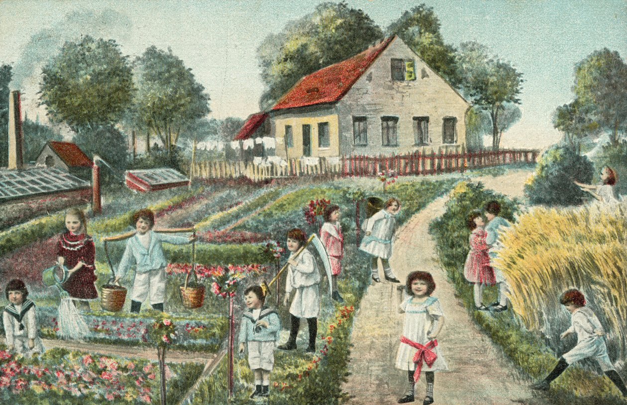 Enfants dans un jardin ou un lotissement (lithographie couleur) - European School