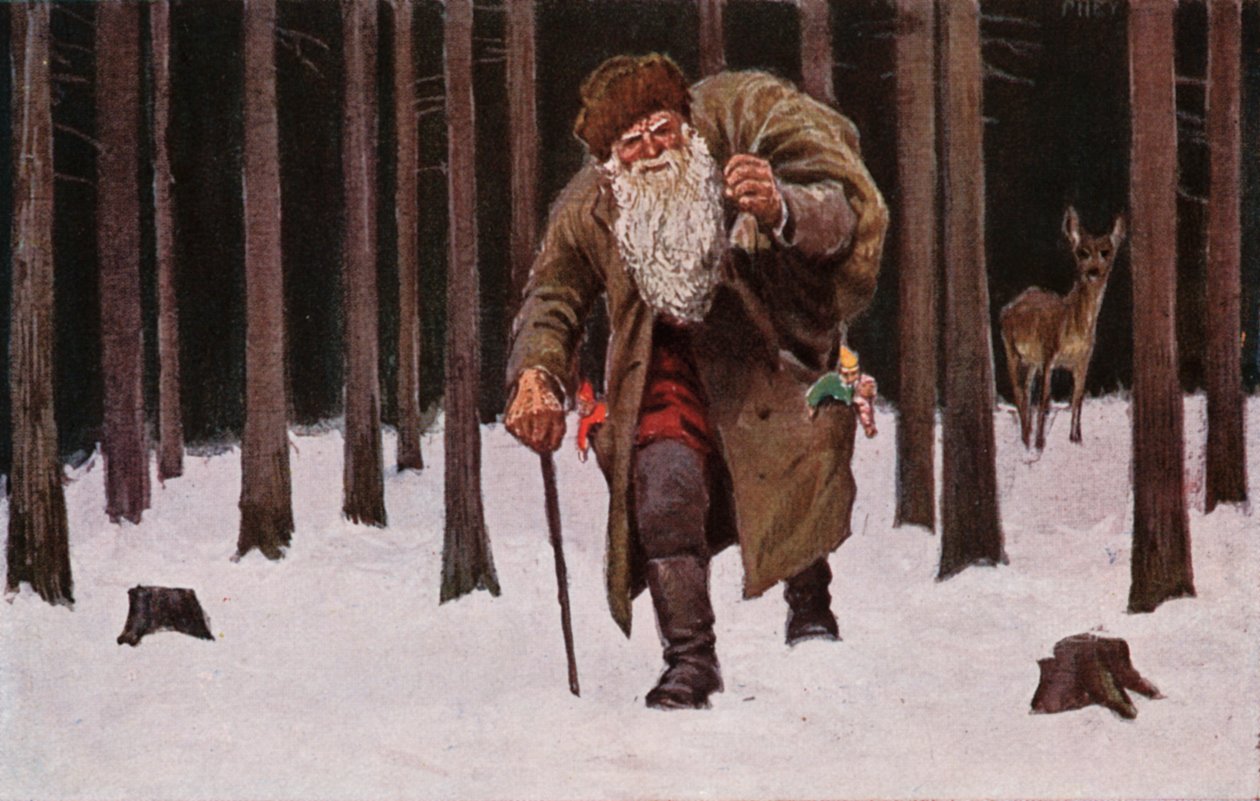 Carte de Noël, Père Noël marchant dans la neige avec un sac de cadeaux, cerf à l