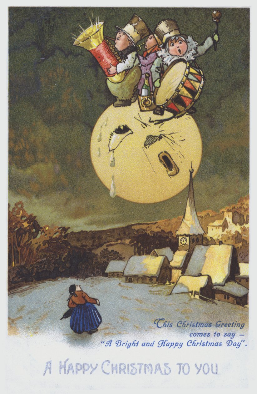 Carte de vœux de Noël représentant un groupe de musiciens sur la lune au-dessus d