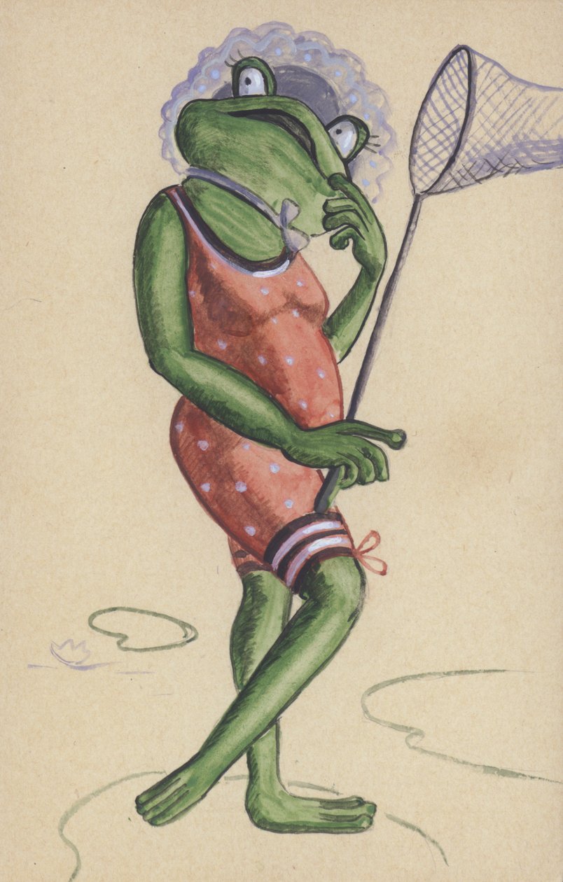 Grenouille portant un maillot de bain et tenant un filet de pêche (lithographie couleur) - European School