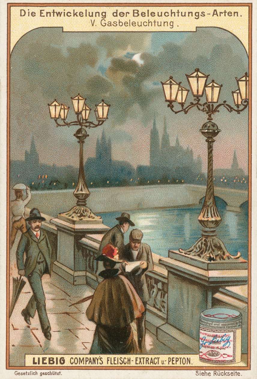 Lampes à gaz, carte de Liebig, début du 20e siècle (chromo) - European School