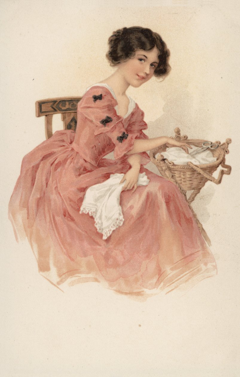 Fille en rose avec un panier de couture (lithographie couleur) - European School