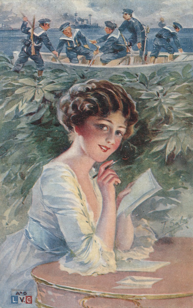 Fille écrivant à un marin (lithographie couleur) - European School