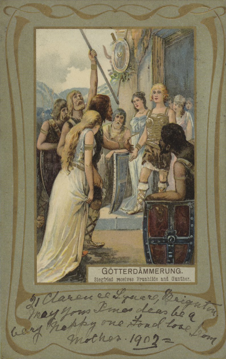 Gotterdammerung, Siegfried reçoit Brunhilde et Gunther (lithographie couleur) - European School