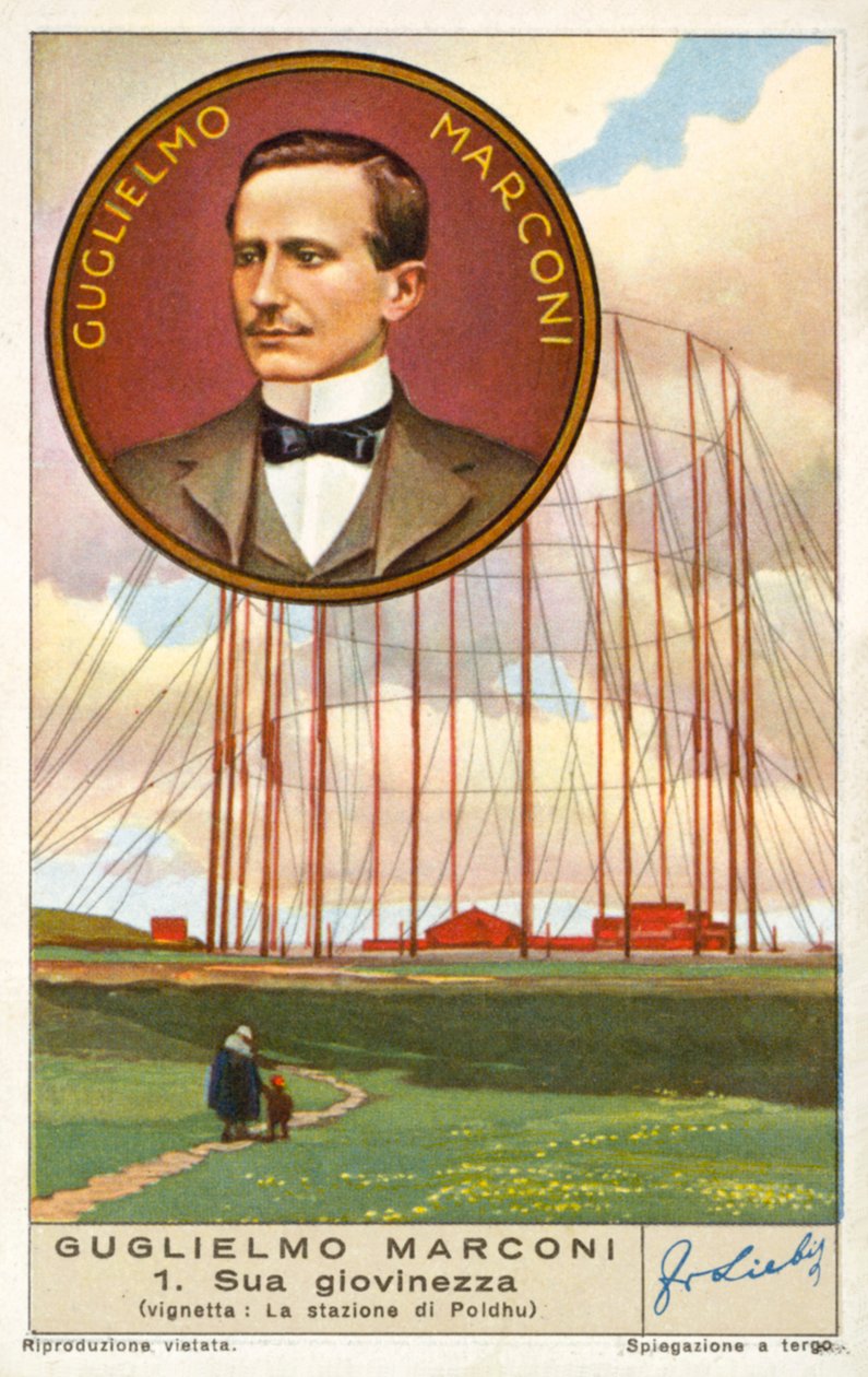 Guglielmo Marconi, inventeur italien et pionnier de la radio, et sa station sans fil de Poldhu, en Cornouailles (chromolitho) - European School