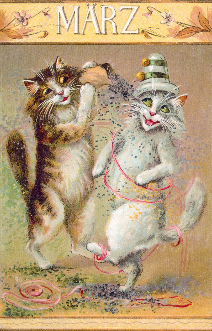 Carte postale humoristique sur les chats (lithographie couleur) - European School