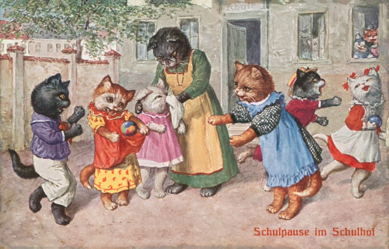 Carte postale humoristique sur les chats (lithographie couleur) - European School