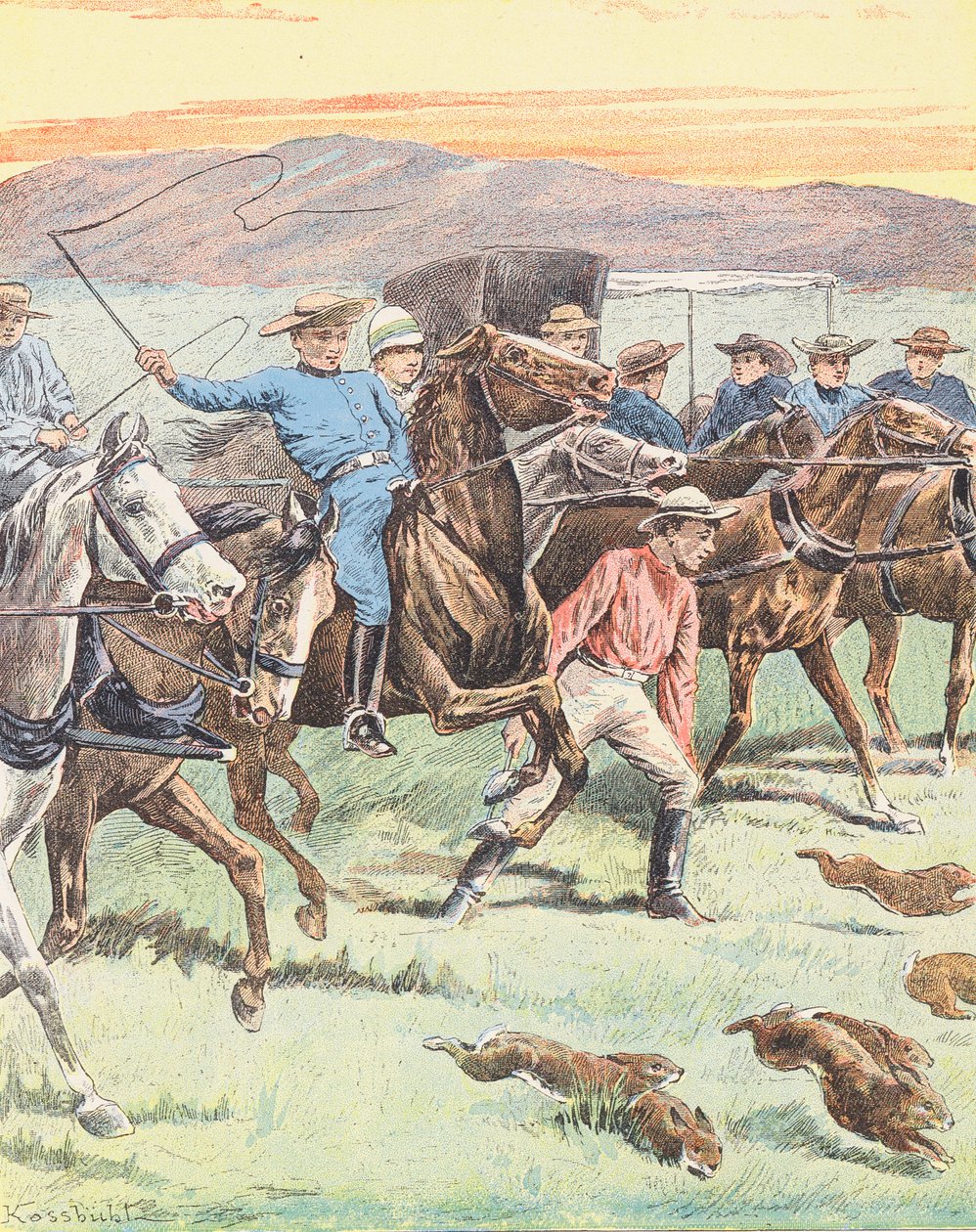 Chasse aux lapins en Australie (lithographie couleur) - European School