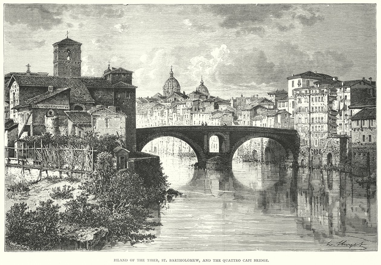 Île du Tibre, Saint-Barthélemy et pont des Quattro Capi (gravure) - European School