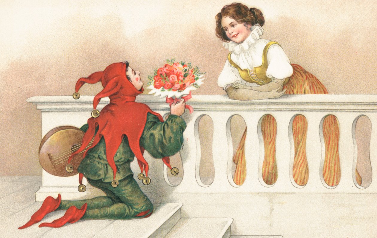 Bouffon offrant des roses à une jolie fille sur un balcon (chromolitho) - European School