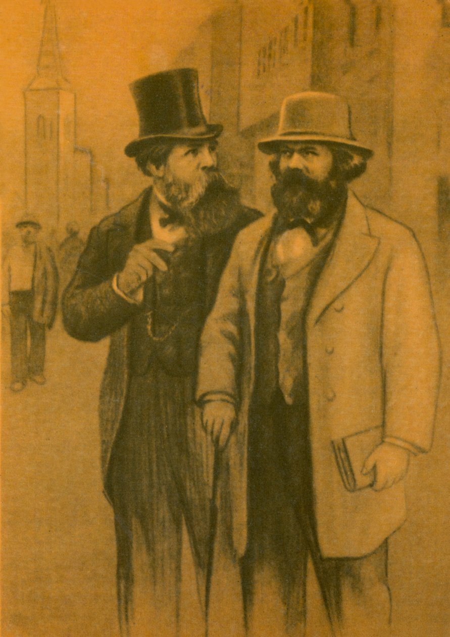 Karl Marx et Friedrich Engels, philosophes et économistes communistes allemands (lithographie couleur) - European School