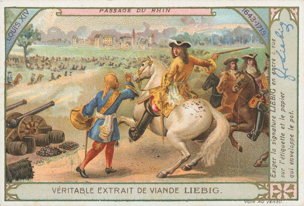 Louis XIV traversant le Rhin, carte de Liebig, début du 20e siècle (chromo) - European School