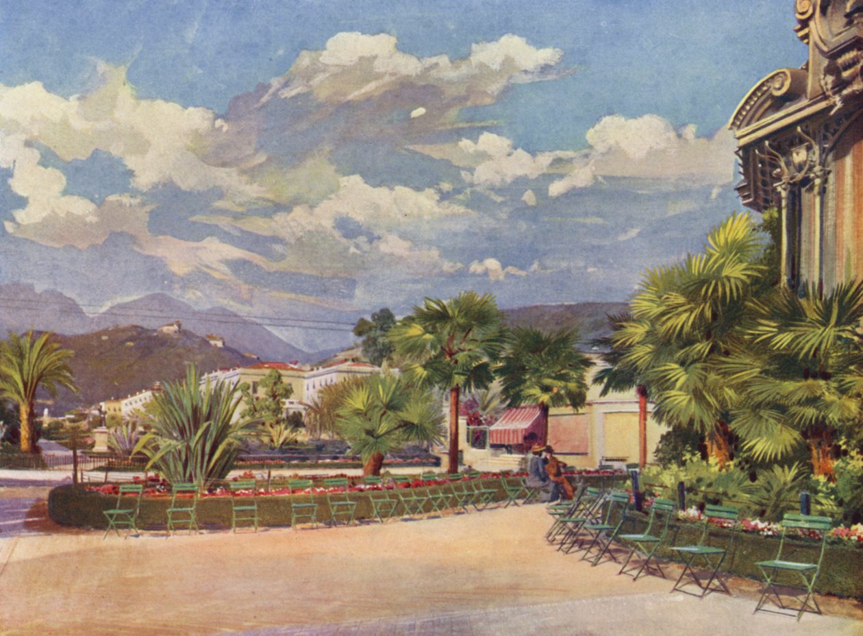 Menton, Le Kiosque de la Musique et le Nouveau Jardin (colour litho) - European School