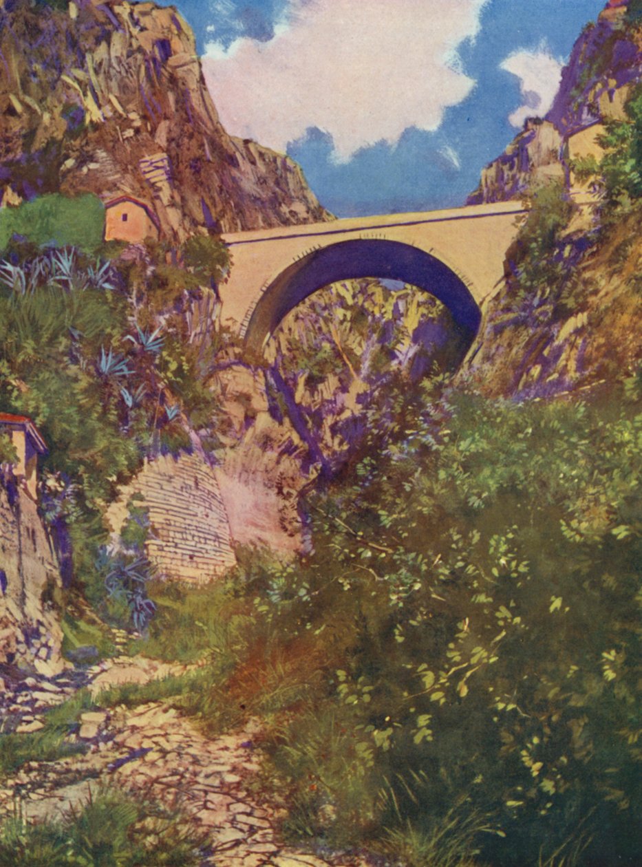 Menton, Le Pont St-Louis (colour litho) - European School