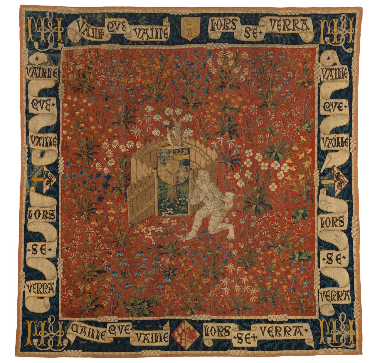 Tapisserie Mille fleurs représentant verdure, écu d