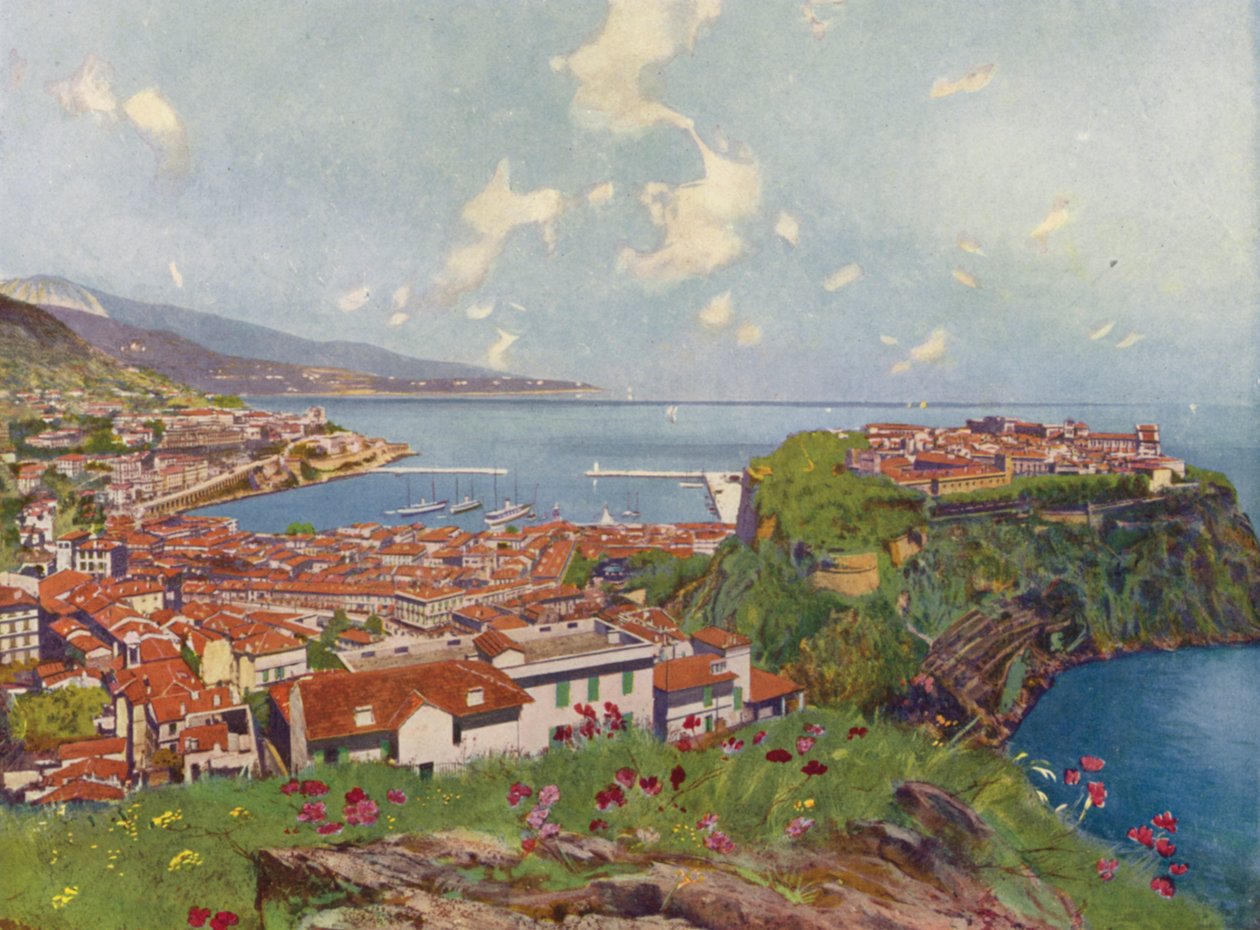 Monaco, Le Rocher et Vue Generale (colour litho) - European School