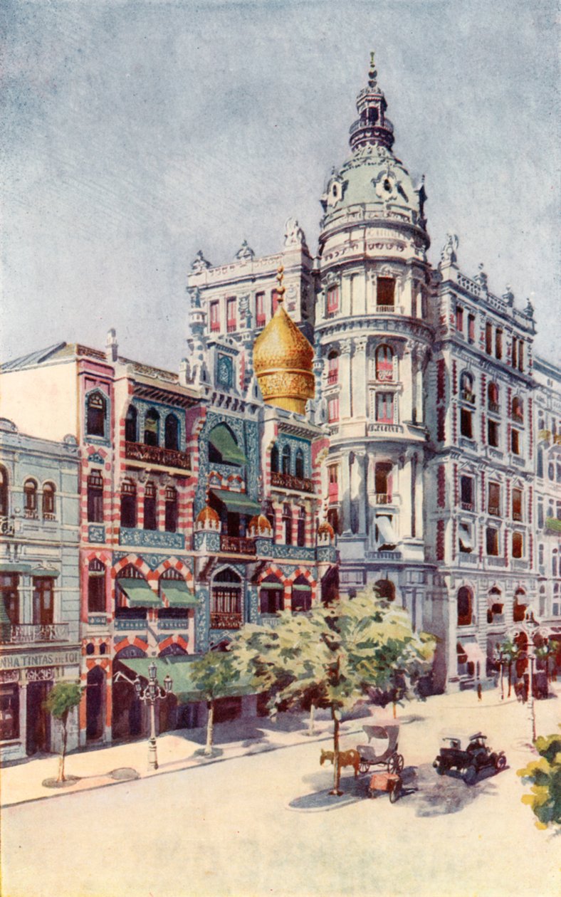 Bâtiment mauresque et bureaux de MM. Guinle, Avenida Rio Branco (lithographie couleur) - European School