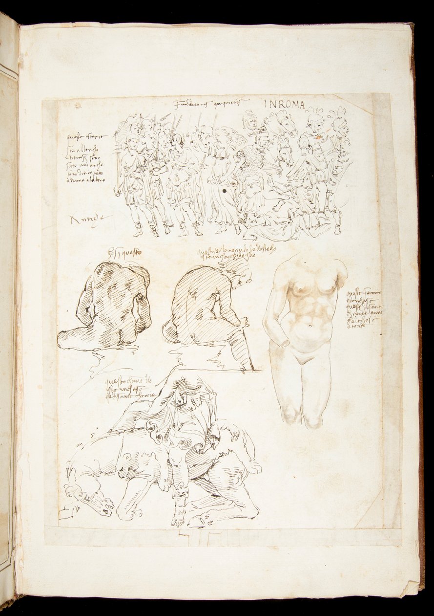 Ms 701 fl.34v, Dessin incluant une vue du Spinario de dos, fin du 15ème siècle - European School