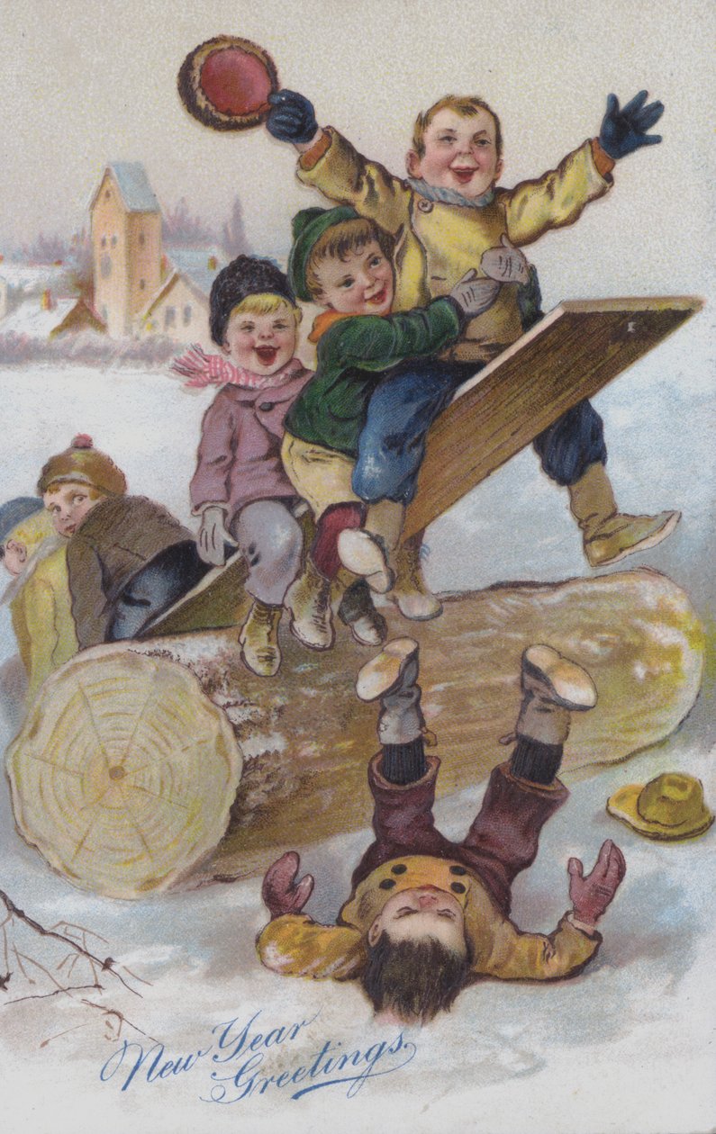 Carte de vœux du Nouvel An représentant des enfants jouant dans la neige (chromolitho) - European School