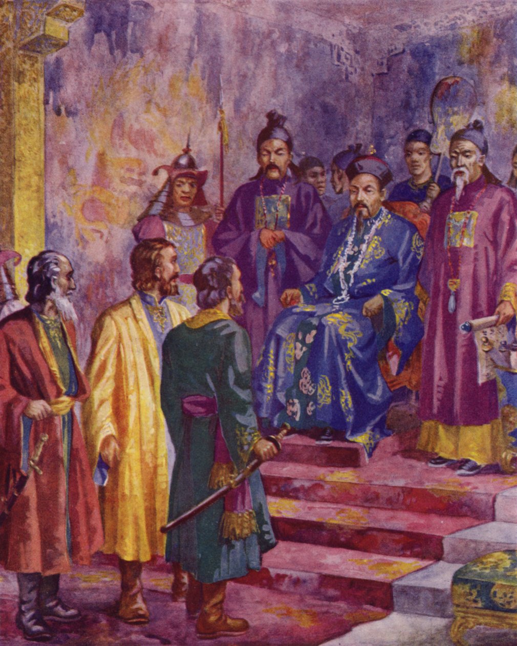 Niccolo, Maffaeo et Marco Polo rencontrant Kublai Khan, 20e siècle (lithographie en couleurs) - European School