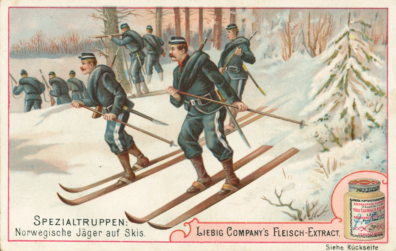 Norvège, soldats à ski, carte Liebig, début du 20e siècle (chromo) - European School