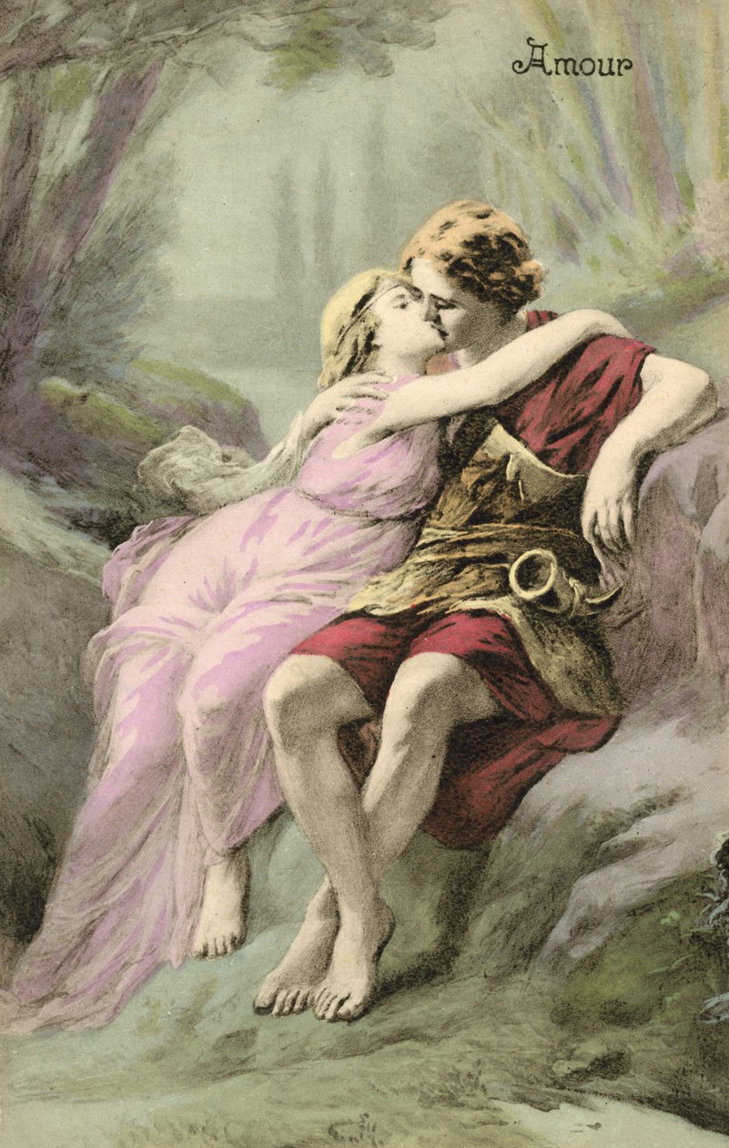Jeune fille et jeune homme romains (lithographie couleur) - European School
