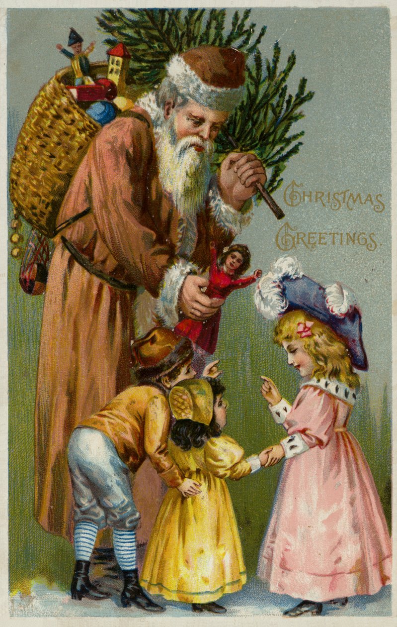 Père Noël offrant des cadeaux et un arbre de Noël à des enfants (lithographie couleur) - European School