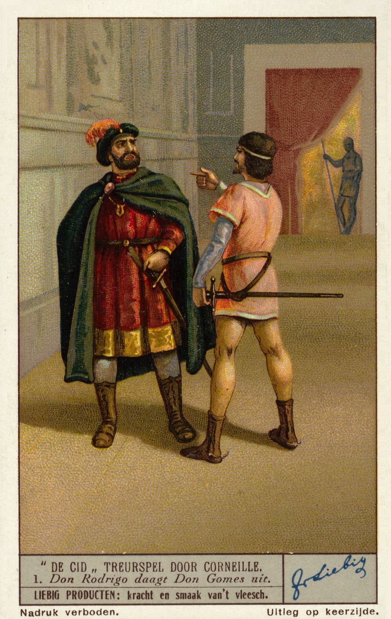 Scène de la tragédie Le Cid du dramaturge français Paul Corneille : Don Rodrigue défie Don Gomes, père de Chimène (chromolitho) - European School