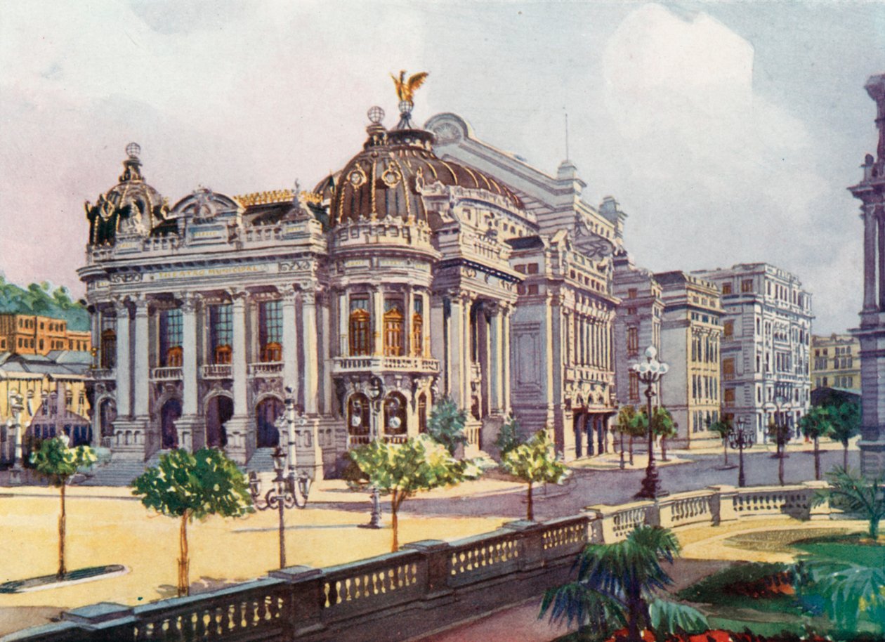 Théâtre municipal, Avenida Rio Branco (lithographie couleur) - European School