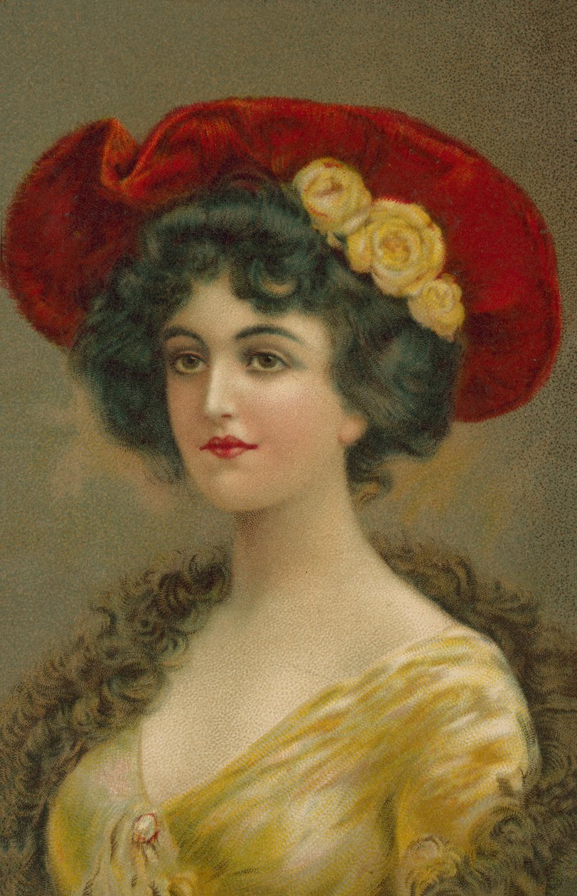 Femme au chapeau édouardien (lithographie couleur) - European School