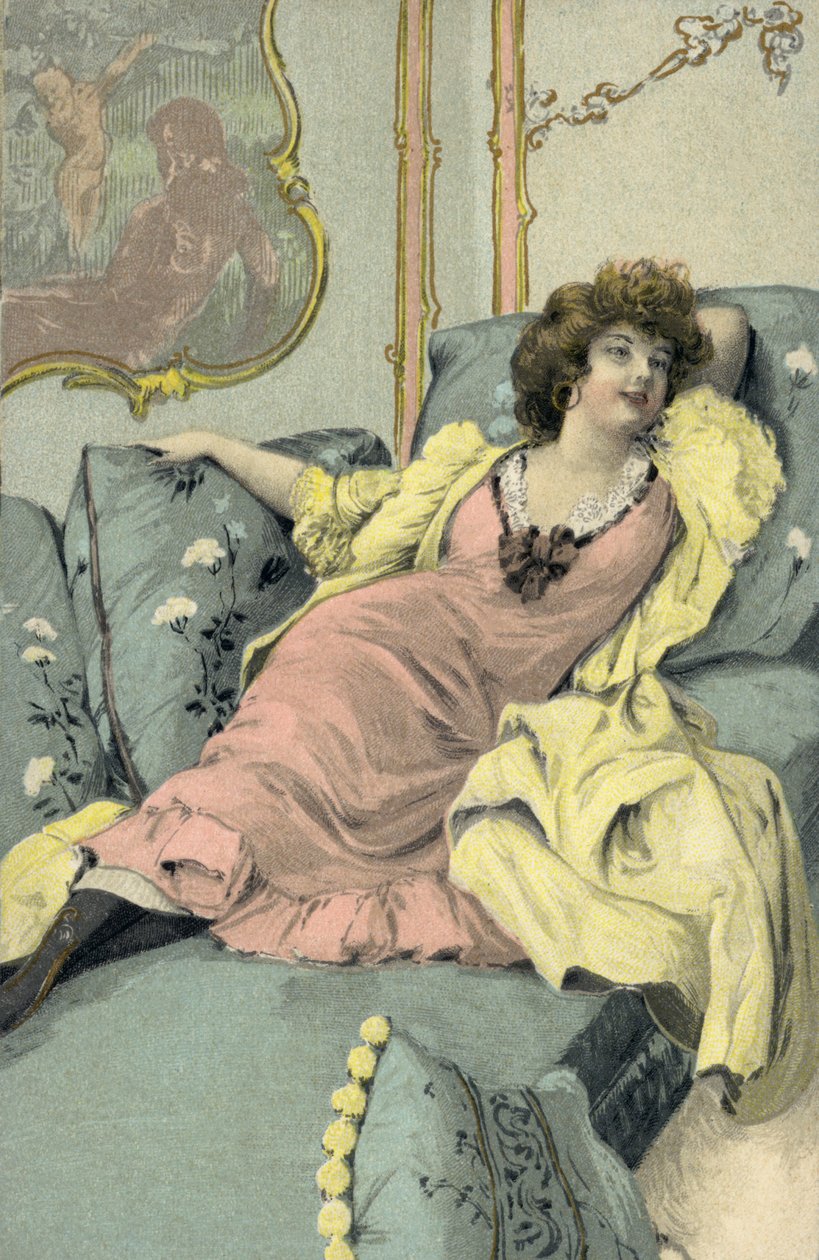 Femme allongée sur un canapé (lithographie couleur) - European School