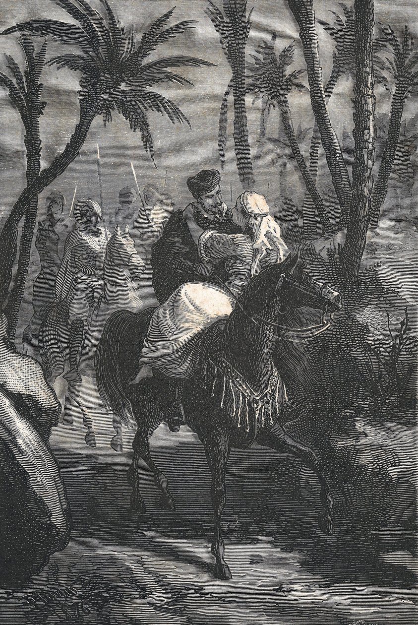 Cervantes chevauche un cheval avec une femme dans une oasis - Eusebio Planas