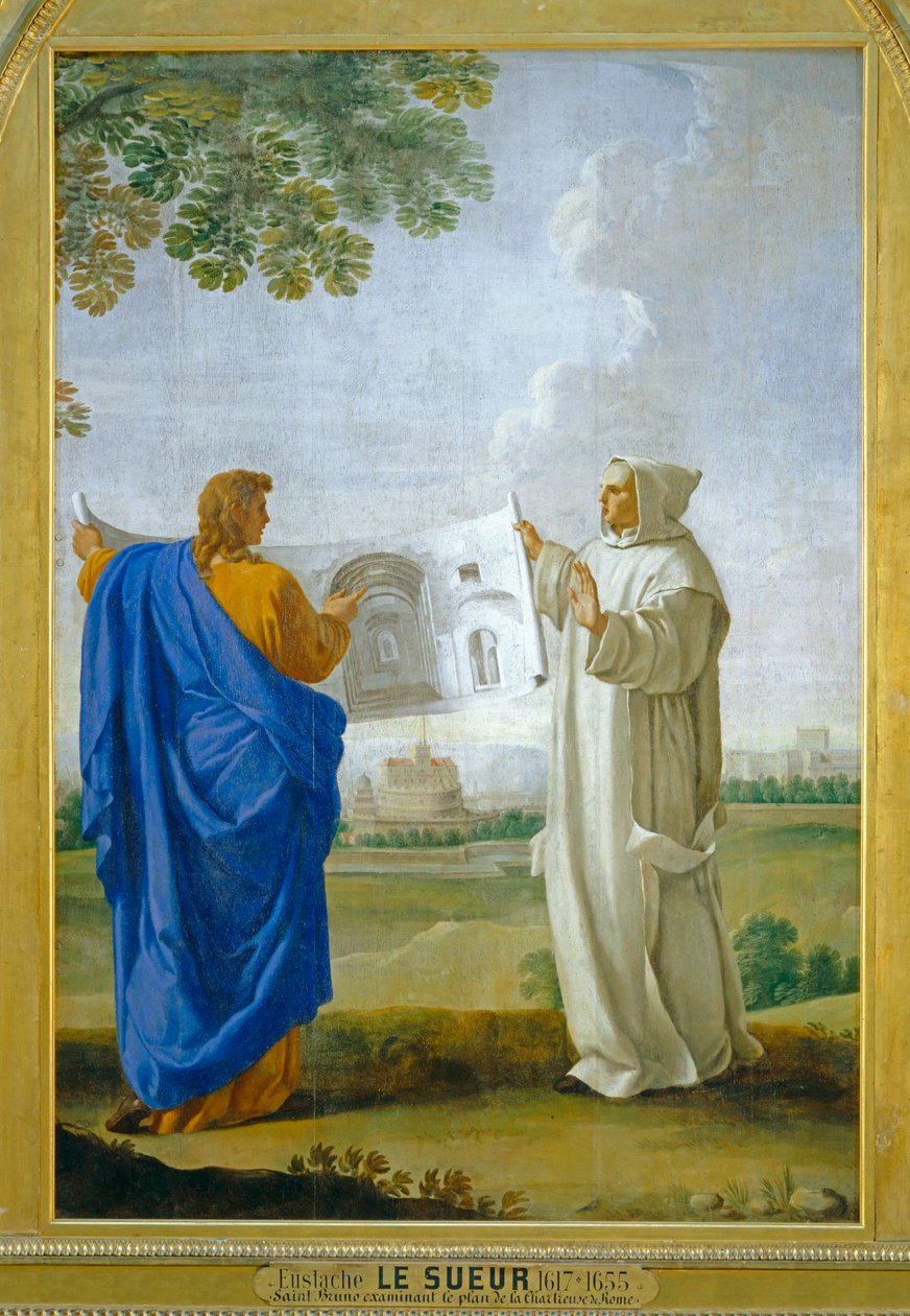 Saint Bruno examinant un dessin des thermes de Dioclétien, futur site de la chartreuse de Rome ... - Eustache (studio of) Le Sueur
