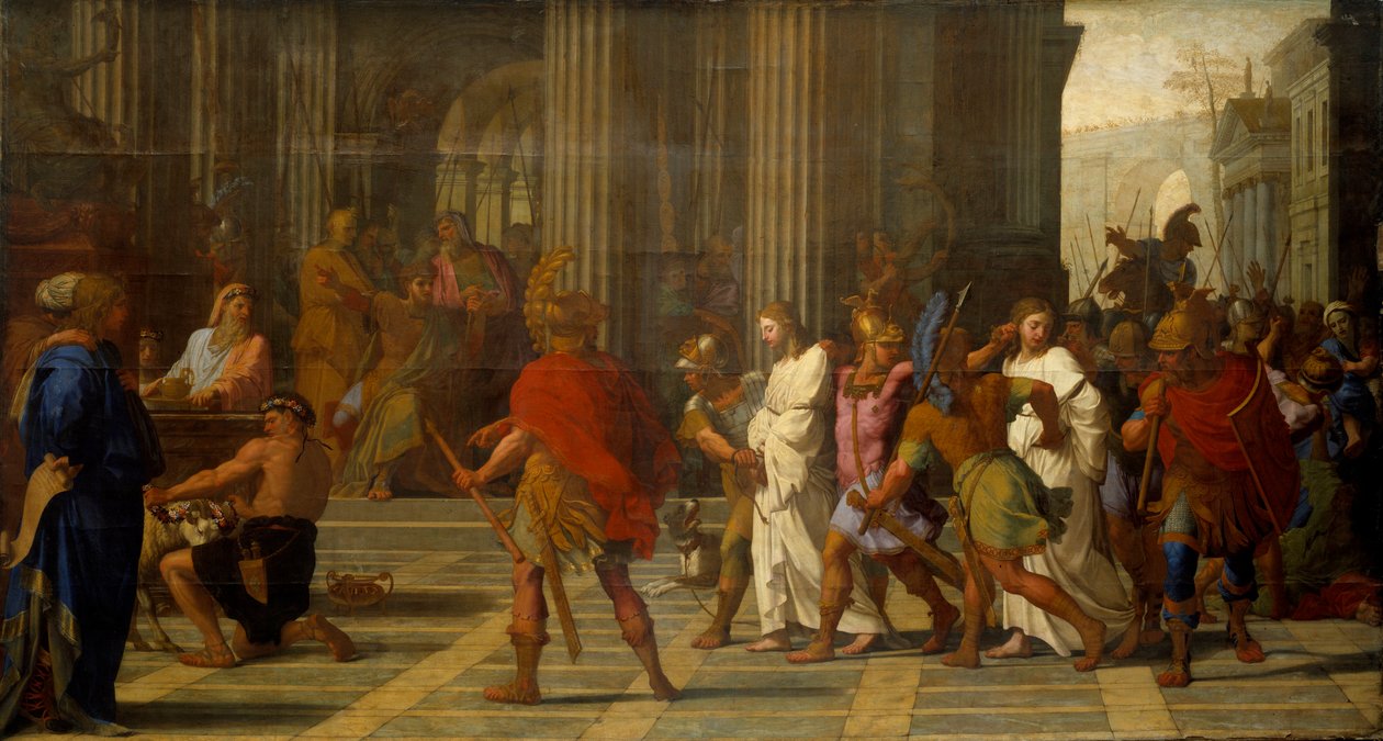 Saint Gervais et Saint Protais amenés devant Astasius, refusent de sacrifier à Jupiter - Eustache Le Sueur