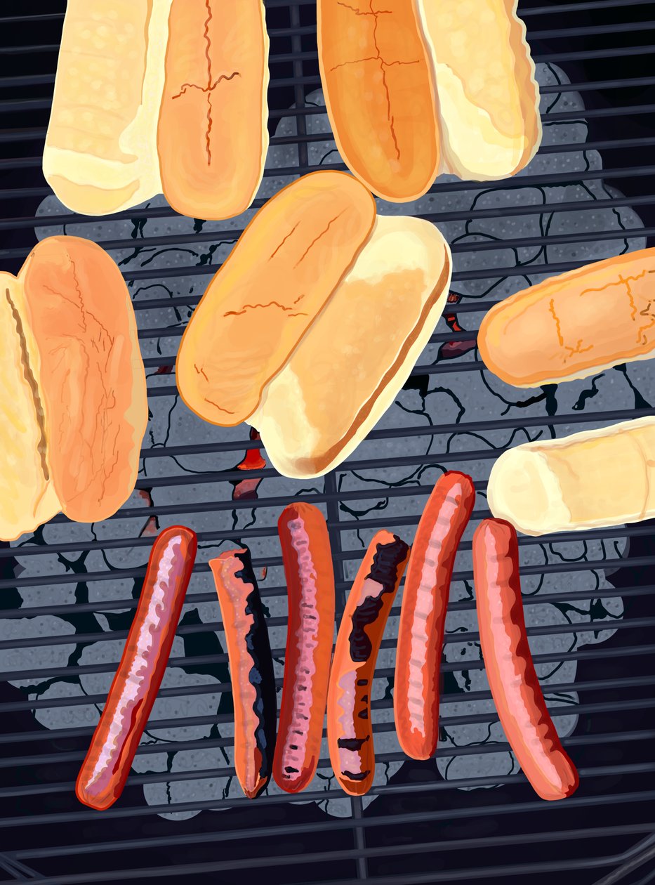 6 hot-dogs sur le grill, côté sud de Streef (art numérique) - Evan Sklar