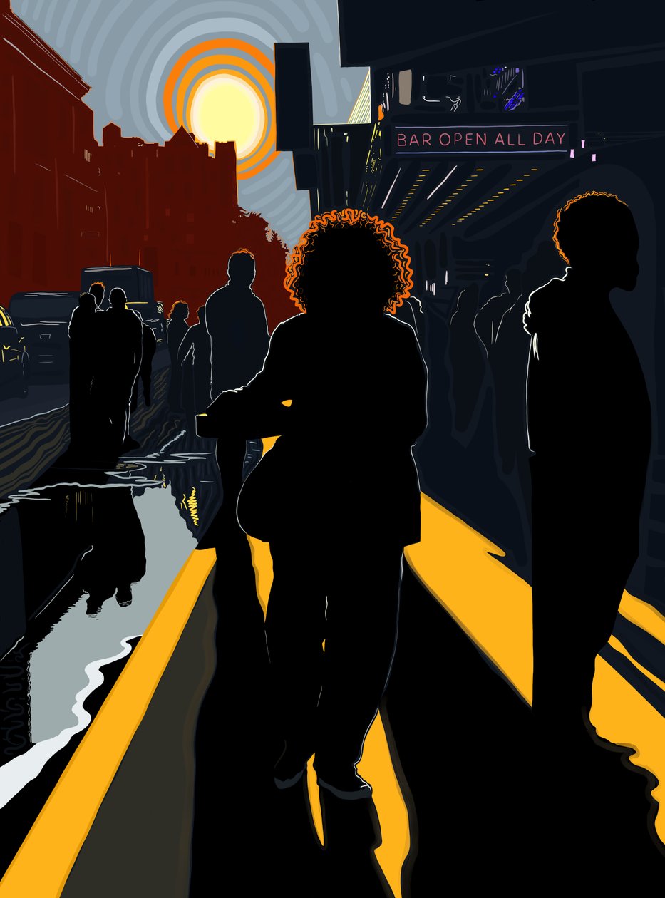 Figures rétroéclairées et soleil sur le trottoir de Manhattan (art numérique) - Evan Sklar