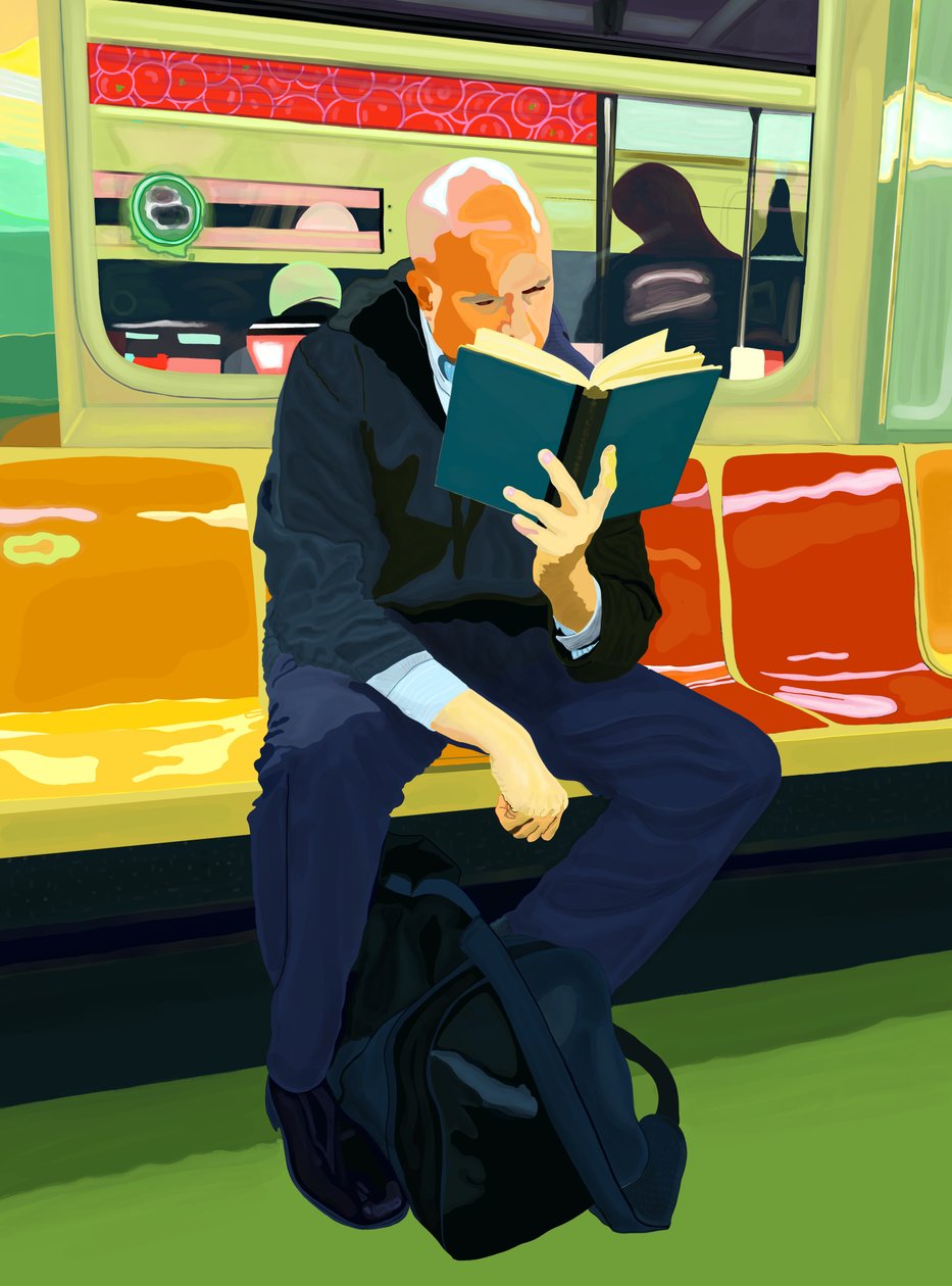 Blue Book, Bald Man, F Train, 2019 (dessiné à la main sur un iPad avec un crayon Apple) - Evan Sklar