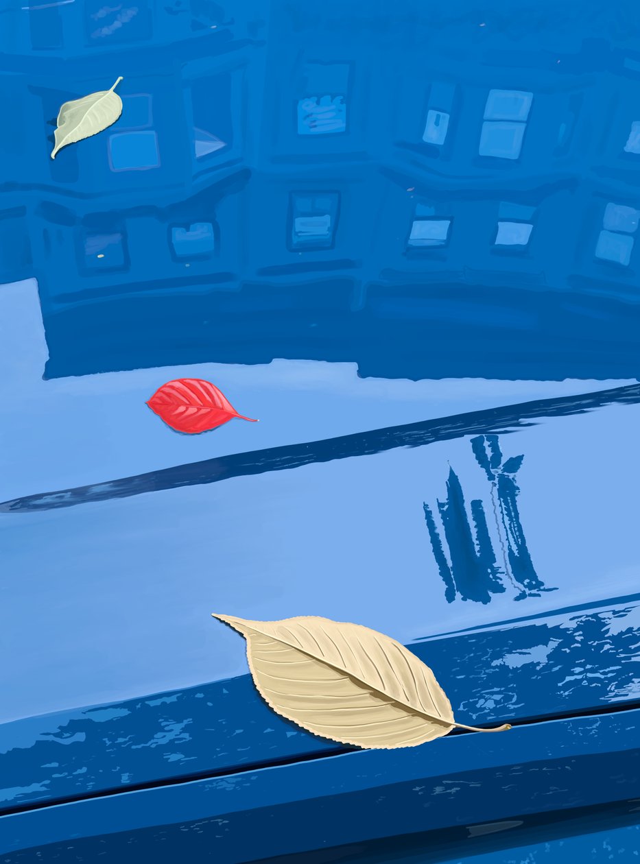 Feuilles tombées sur une voiture bleue, Brooklyn (art numérique) - Evan Sklar