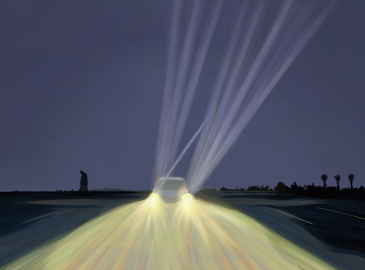Homme marchant sur le parking de Lighthouse Beach la nuit, Chatham, Mass (digital art) - Evan Sklar