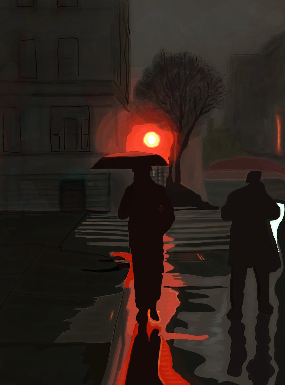 Homme marchant sous la pluie la nuit (art numérique) - Evan Sklar