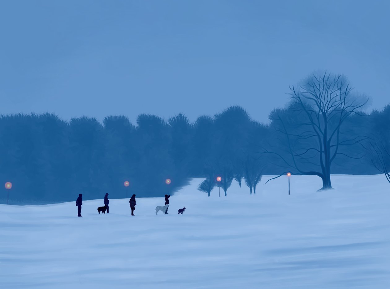 Personnes et chiens dans la neige à Prospect Park (art numérique) - Evan Sklar