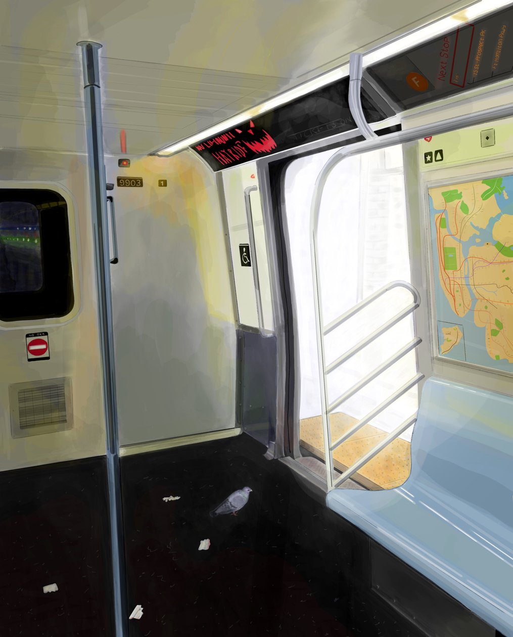 Pigeon dans le métro (art numérique) - Evan Sklar