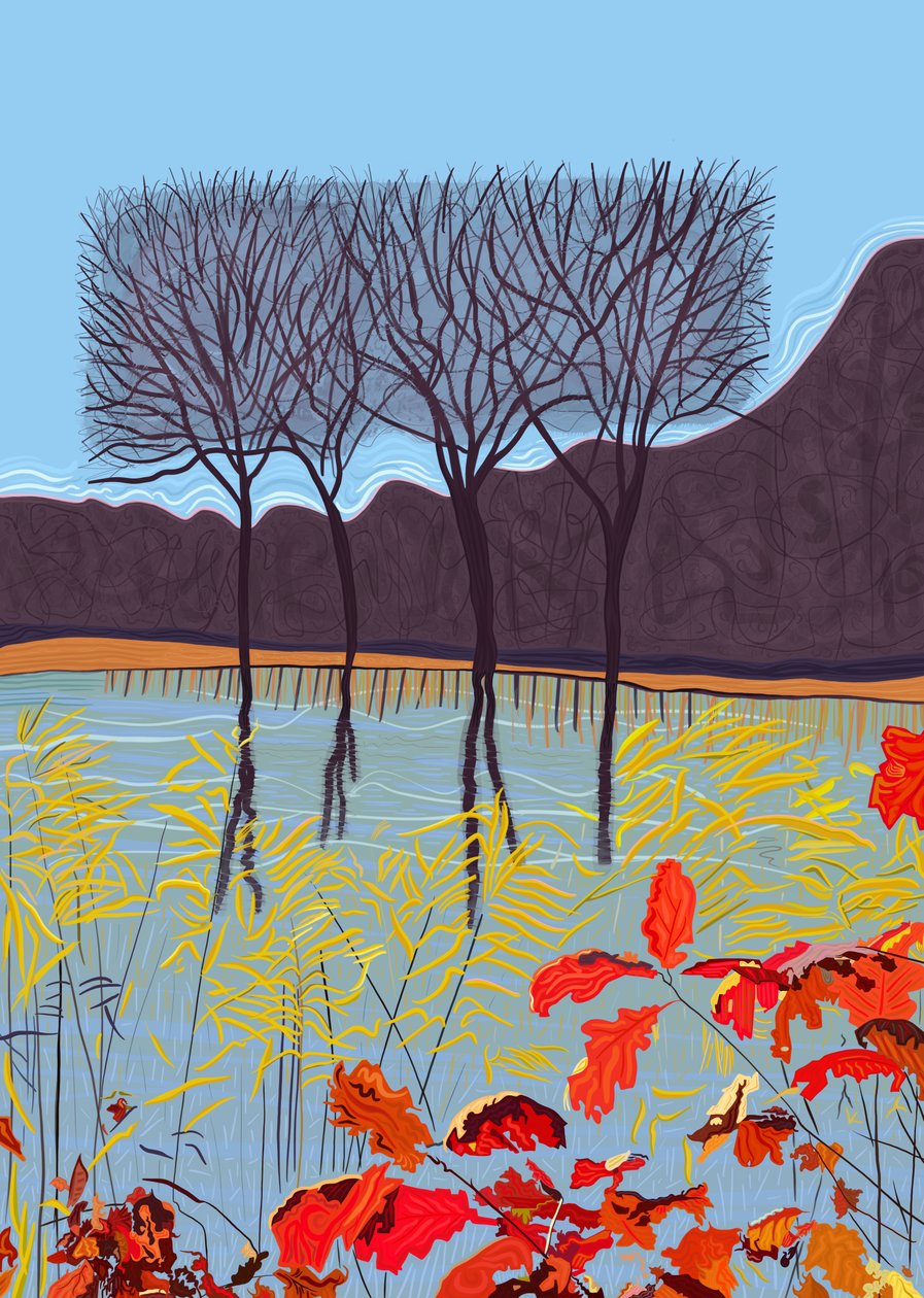 Étang et arbres en automne (art numérique) - Evan Sklar