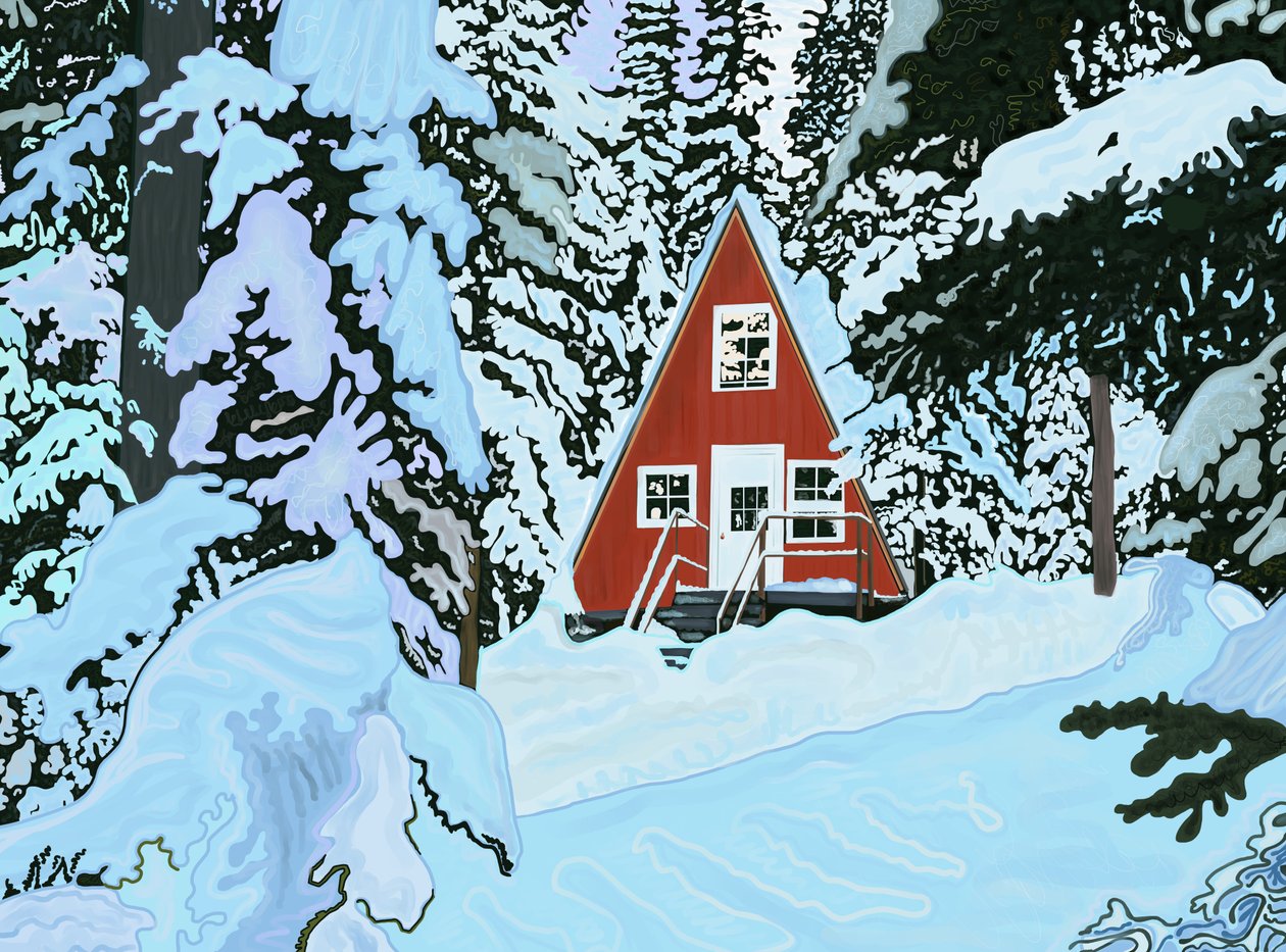 Rouge, une maison en ossature dans la neige la nuit (art numérique) - Evan Sklar