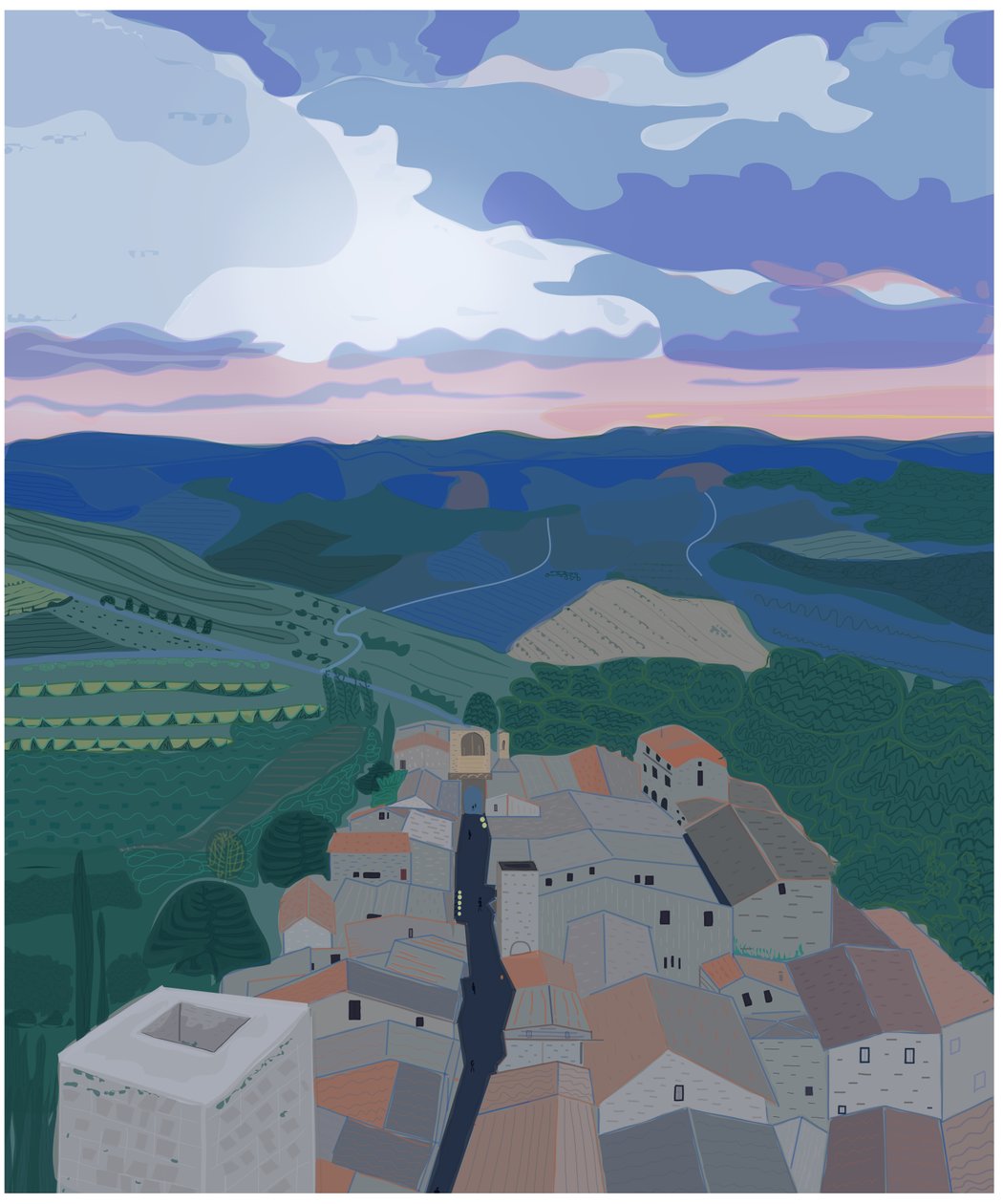 Petit village en Toscane, 2015 (dessiné à la main sur un iPad avec un crayon Apple) - Evan Sklar