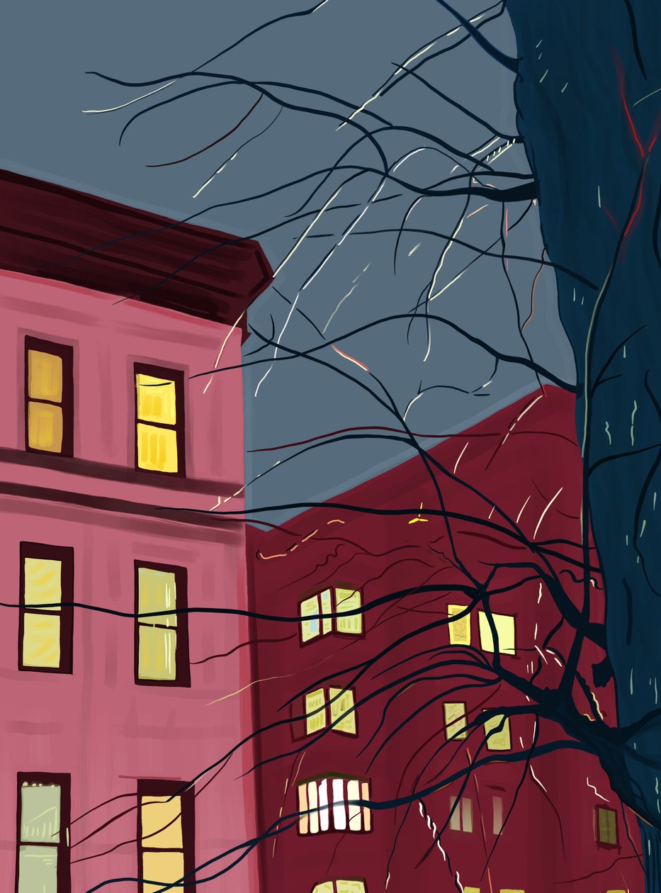 Écureuil sur un arbre par une soirée pluvieuse, vers 2020-24 (art numérique) - Evan Sklar
