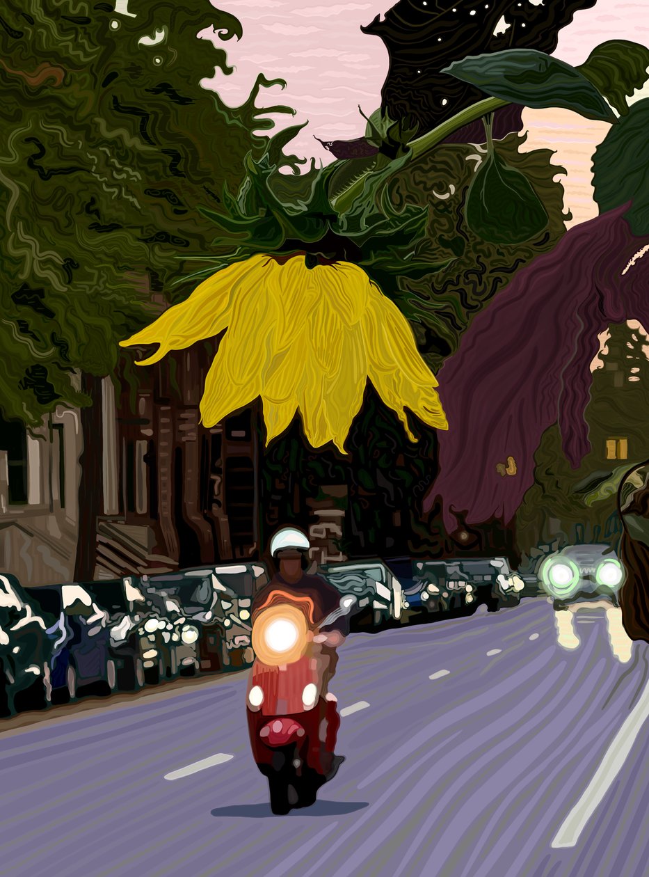 Tournesol et homme conduisant un scooter rouge (art numérique) - Evan Sklar